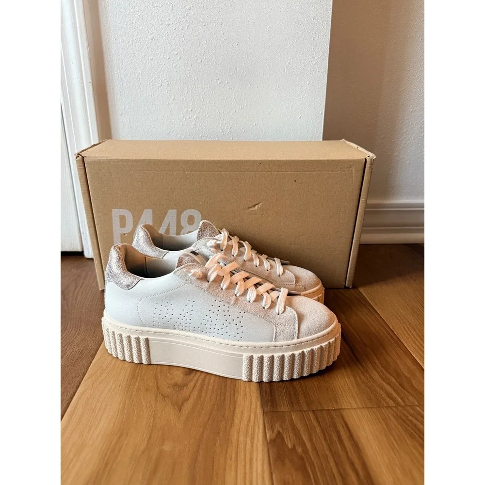 P448 Womens Creeper Platform Sneakers White‎ Pluto Leather Glitter Size 9/39